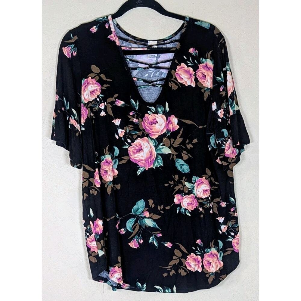 7th Ray Floral Blouse Women’s XL Lace Up V-neck Blouse